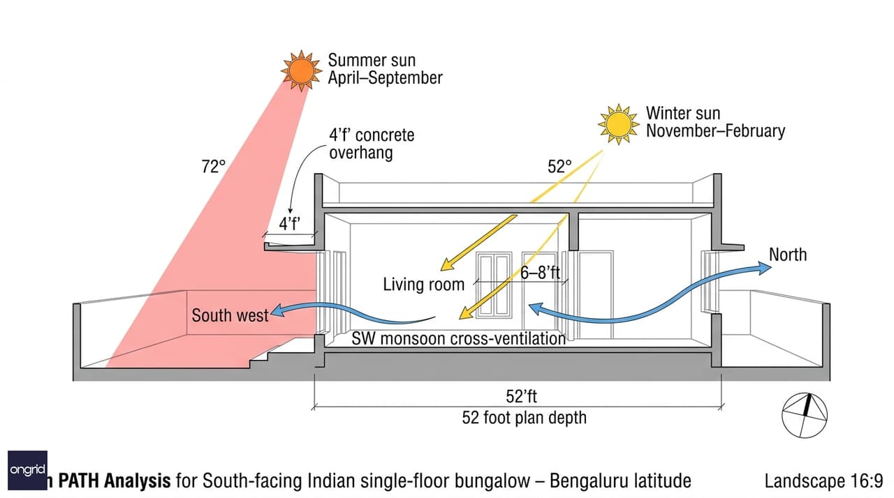 Sun path diagram for south-facing 60x60 plot showing summer and winter solar angles, 4-ft overhang shading geometry, and prevailing SW monsoon cross-ventilation arrows