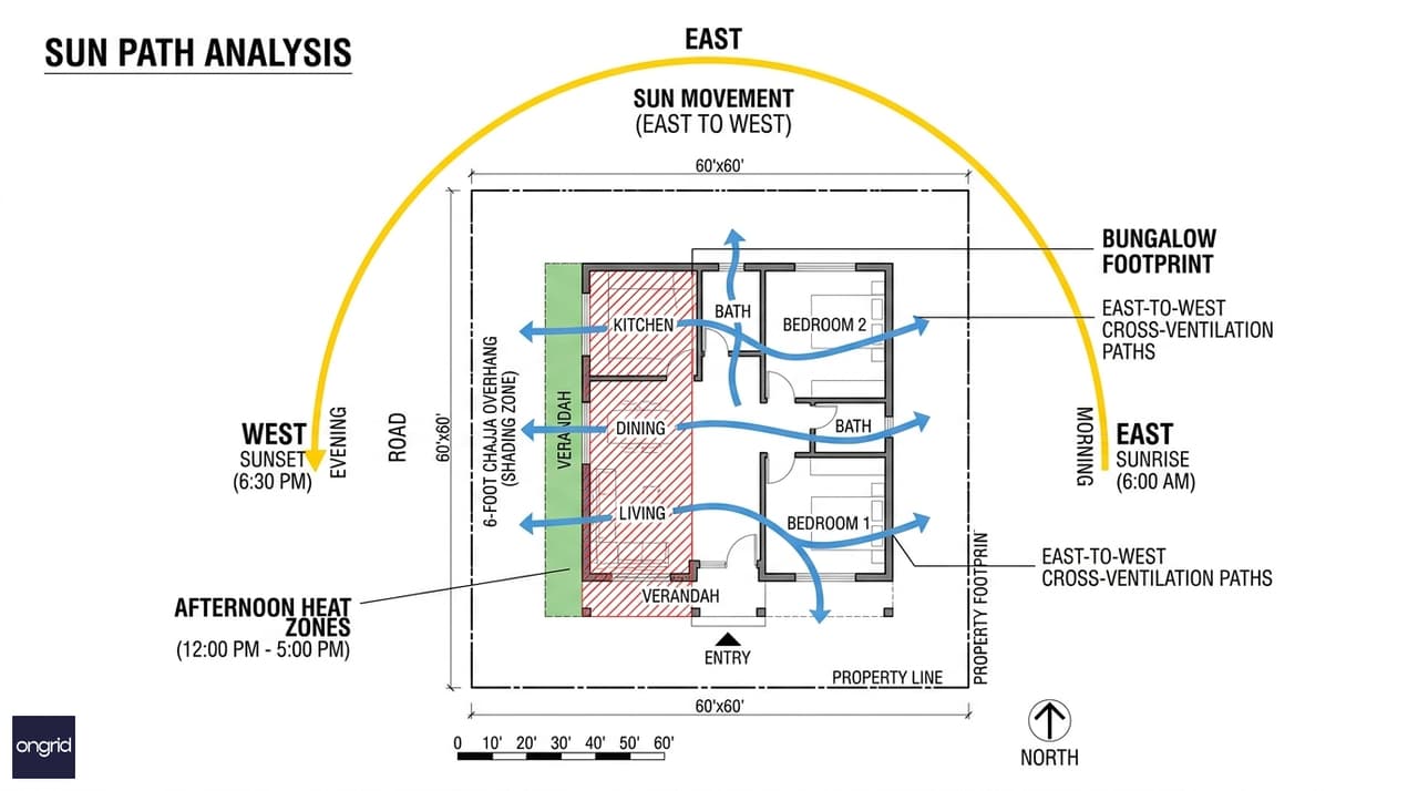 Sun path analysis diagram for a 60x60 west-facing plot showing morning and evening light zones and shading strategy