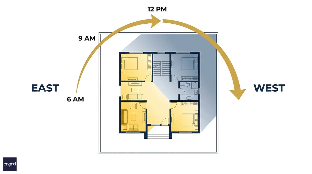 East-facing sun path diagram showing morning light distribution across a 60x60 plot from 6 AM to noon, with arrows indicating natural light penetration into living and bedroom areas