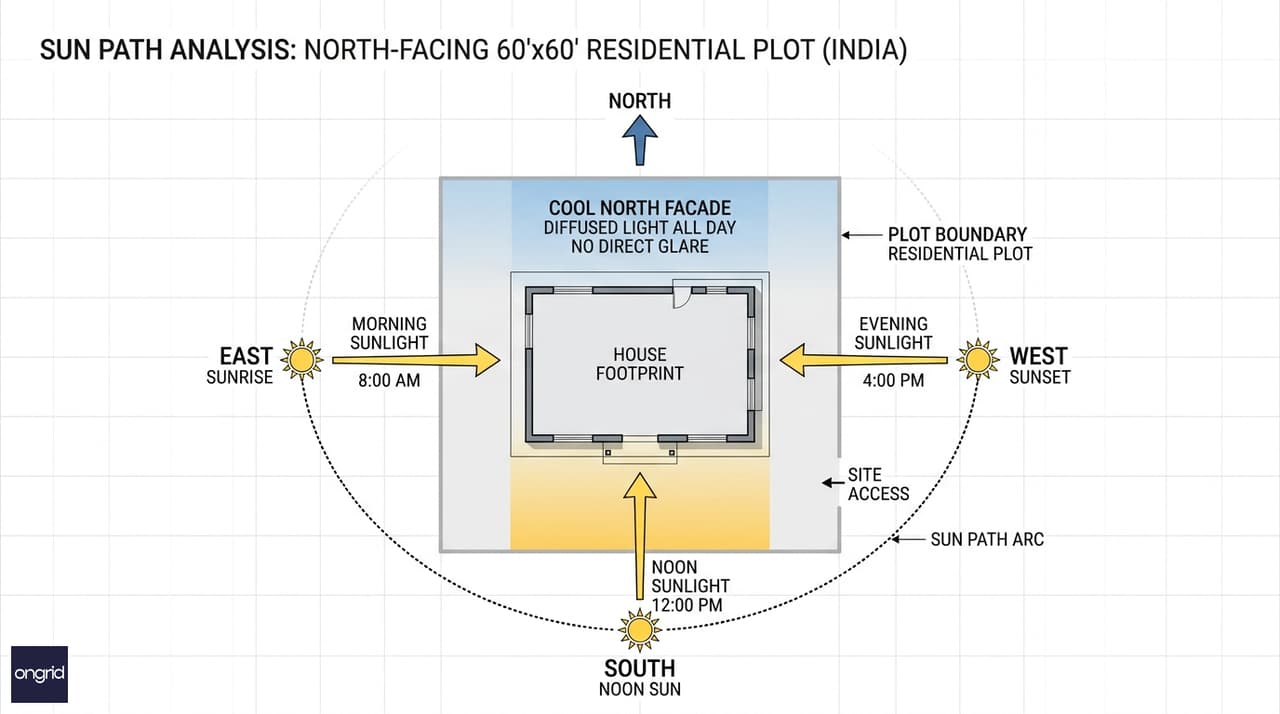 Sun path diagram showing diffused north light ingress across morning, midday, and evening for a 60x60 north-facing plot