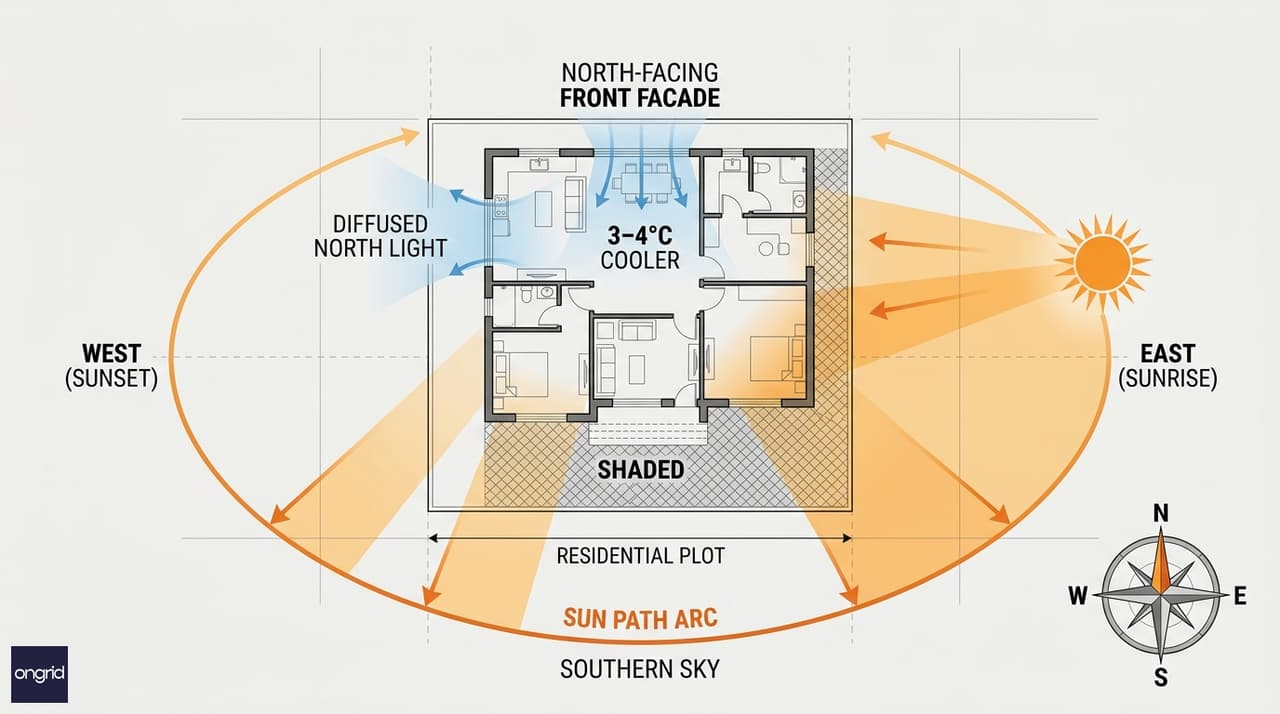 Sun path diagram showing north-facing plot receiving diffused light with no direct afternoon sun on the main facade