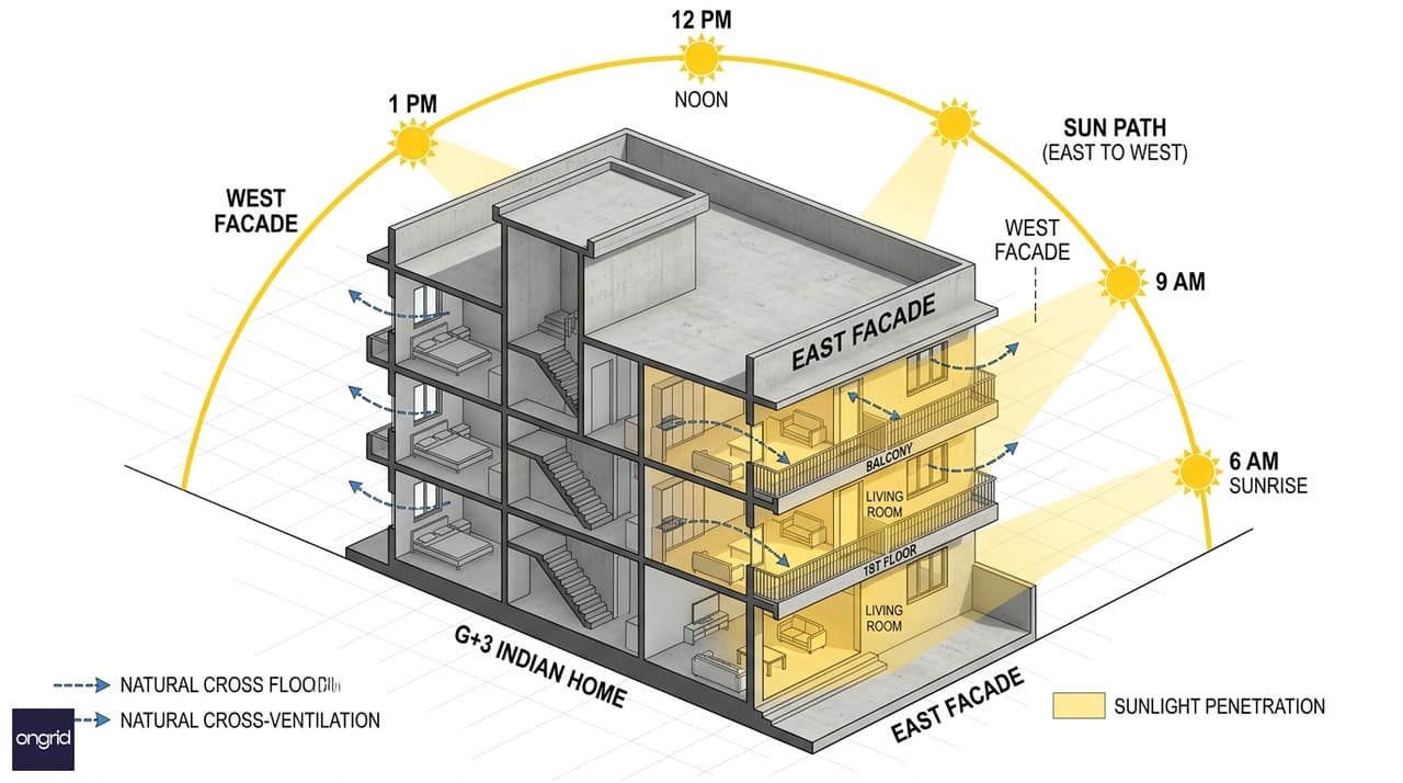 Sun path diagram showing morning light entering all four floors of an east facing 60x60 G+3 home from sunrise to early afternoon