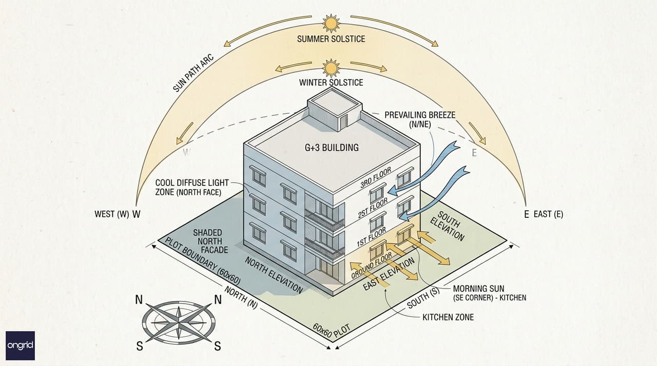 Sun-path diagram showing light angles across a north facing 60x60 G+3 structure throughout the year