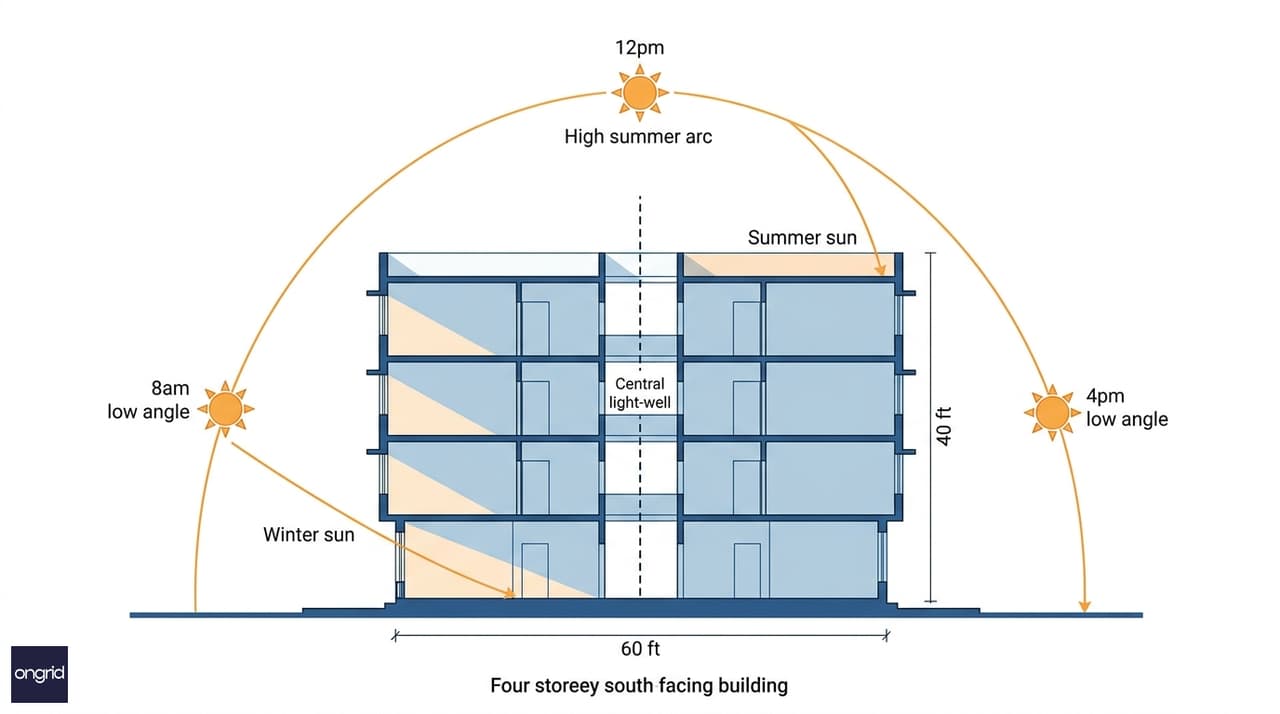 South sun-path diagram for a 60x60 four-floor plot showing light penetration angles at 8am, 12pm, and 4pm across all four floors, with summer and winter arcs annotated