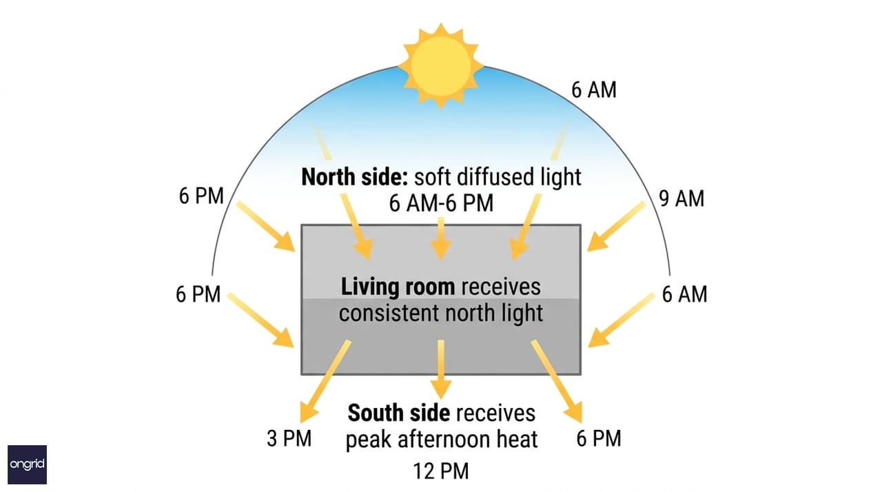 Sun path diagram showing natural light patterns for North-facing home