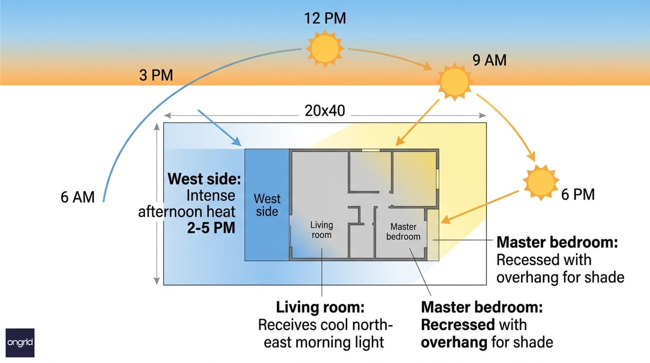 Sun path diagram for west-facing house showing light angles throughout the day