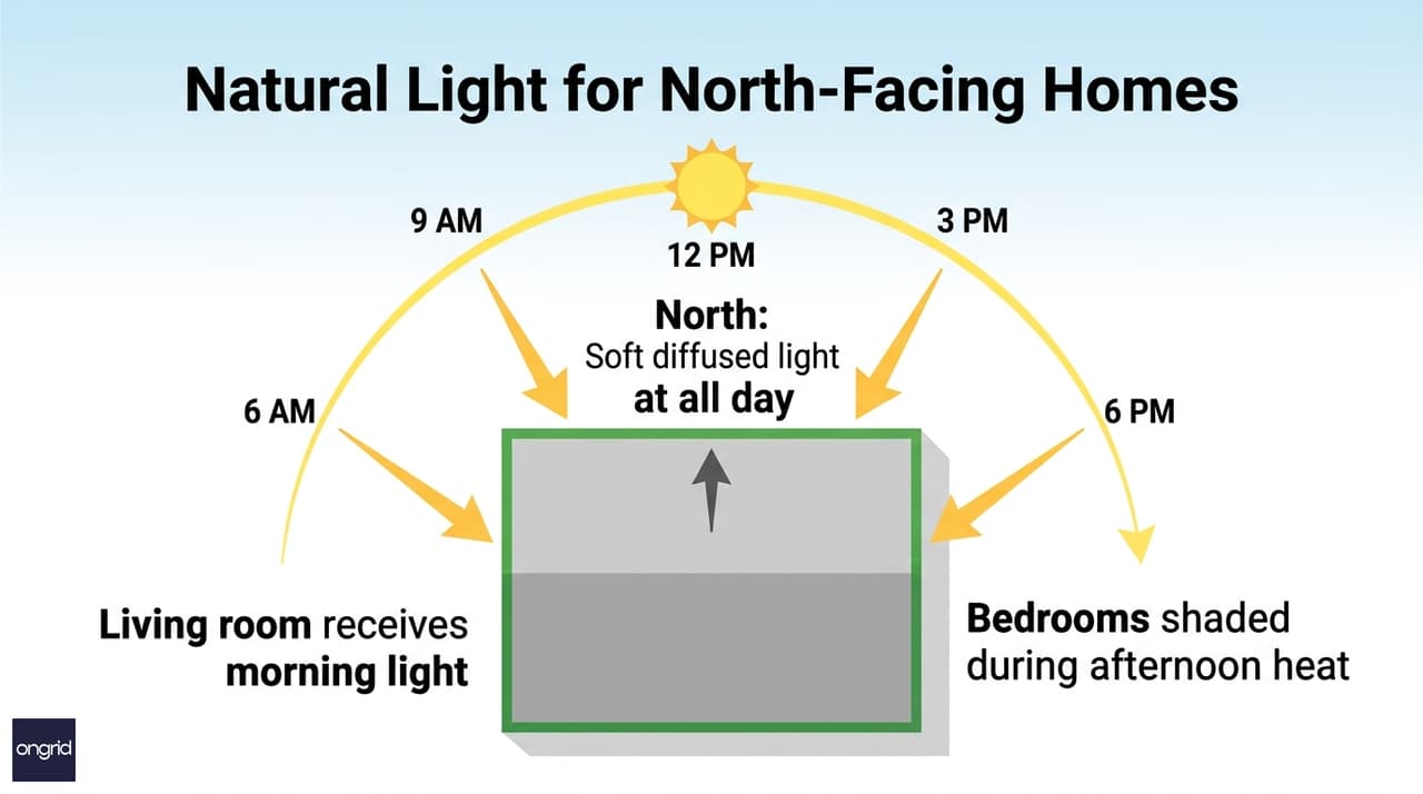 Sun path diagram for north-facing houses showing light distribution throughout the day