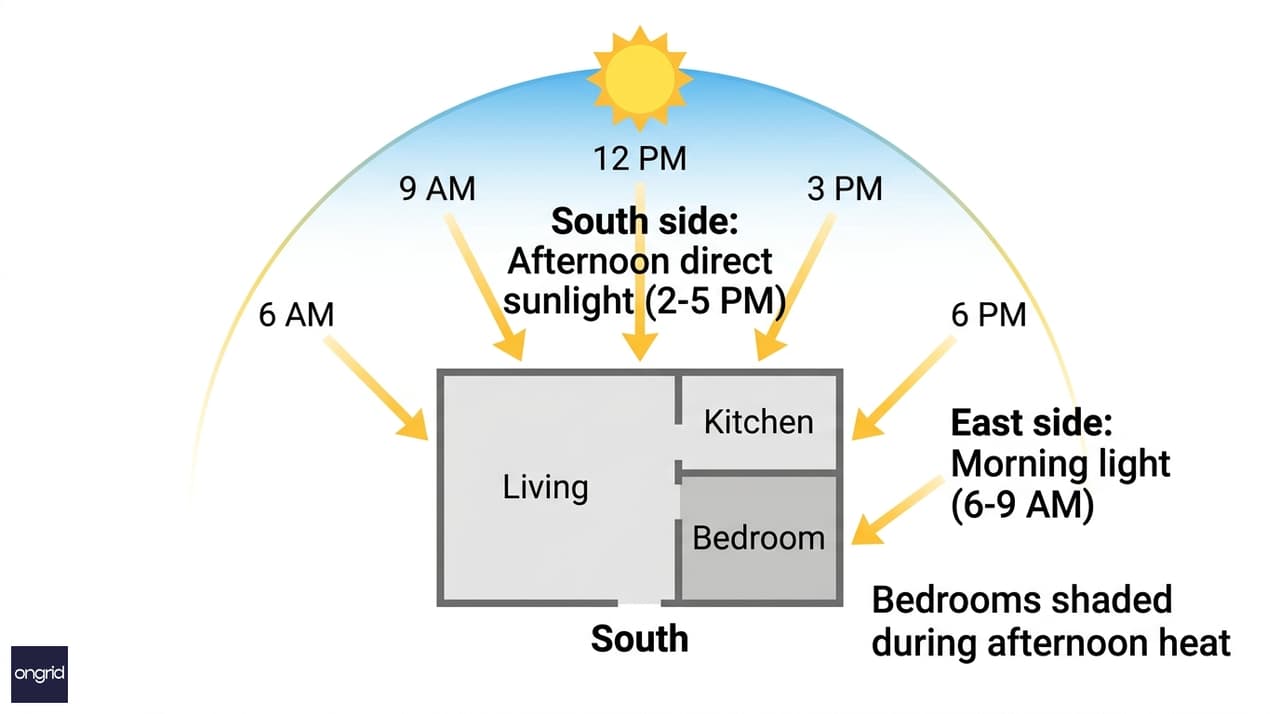 Sun path diagram showing natural light patterns for South-facing home