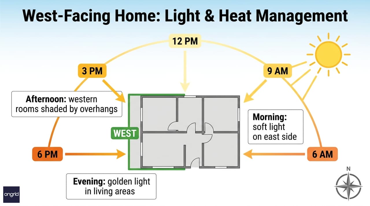 Sun path diagram for west-facing home showing morning, afternoon, and evening light patterns