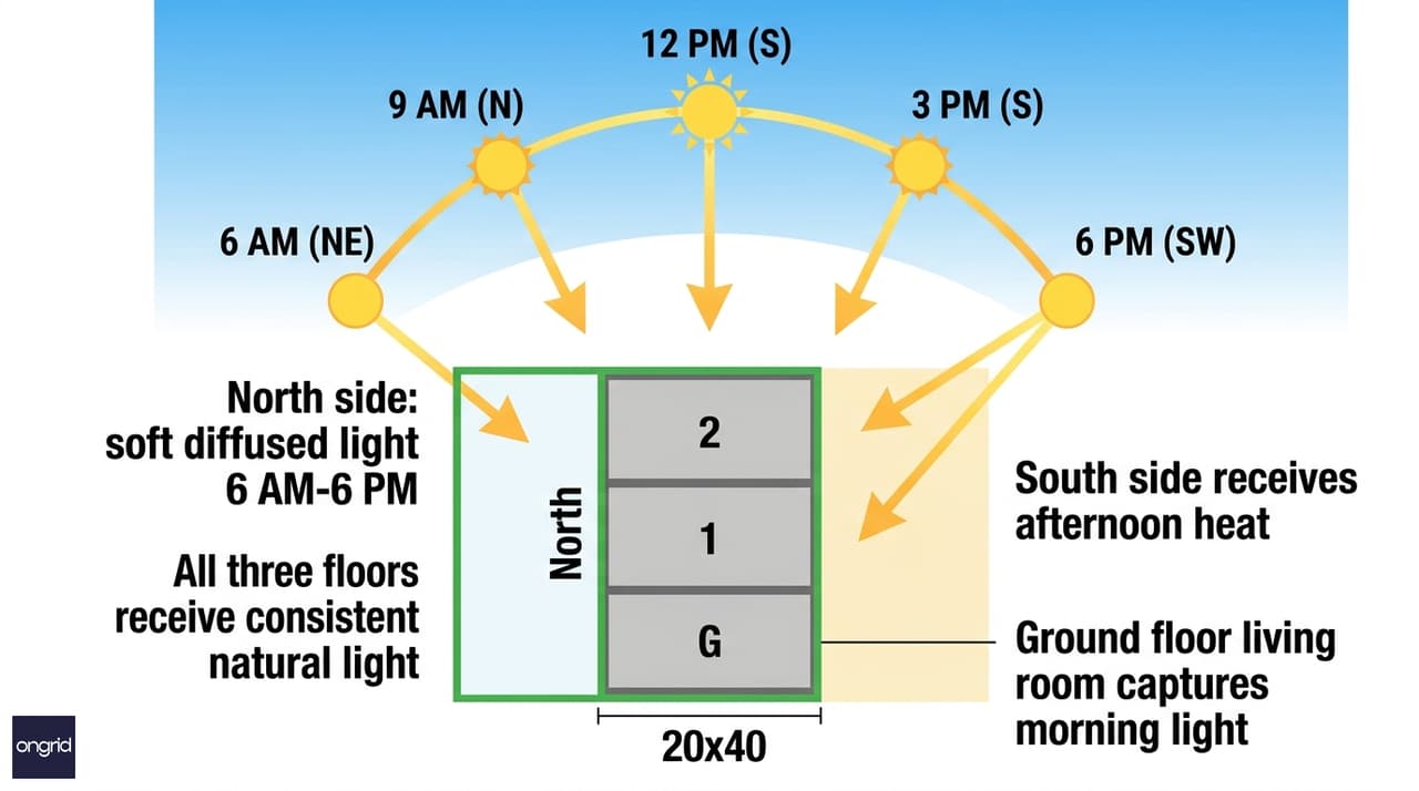 Sun path diagram showing natural light patterns for North-facing home