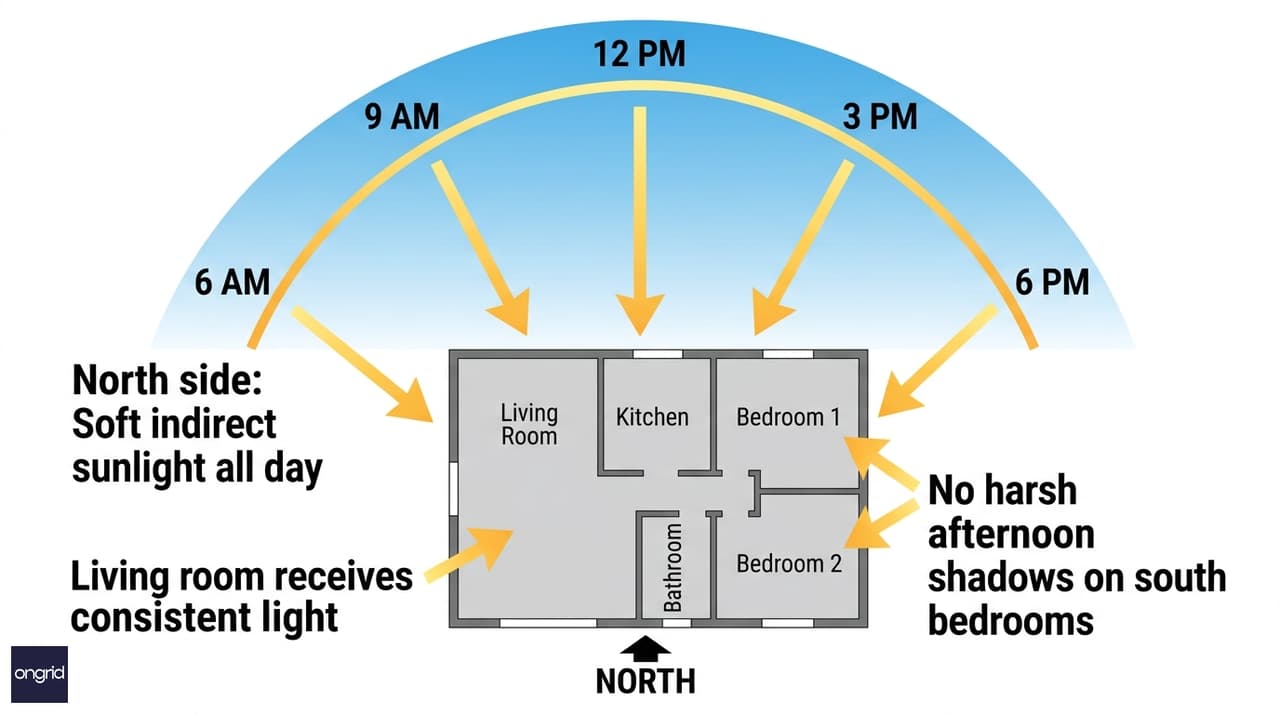 Sun path diagram showing natural light patterns for North-facing home
