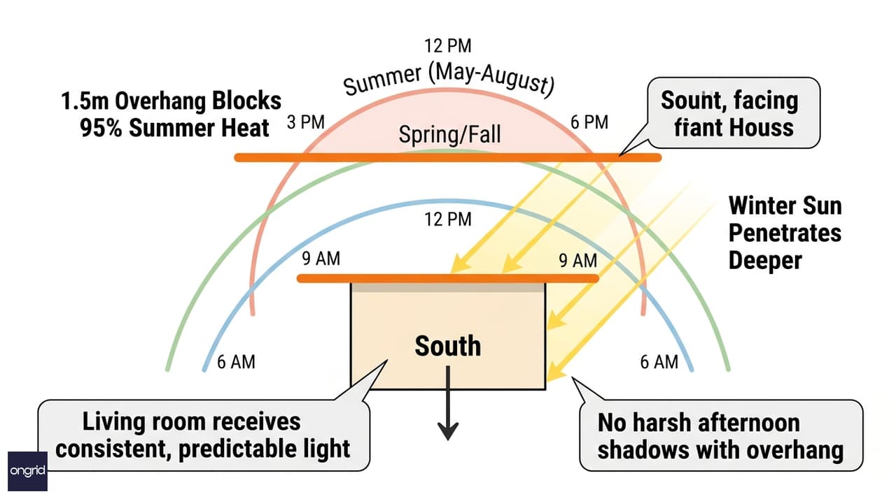 Sun path diagram showing south-facing house light patterns across seasons