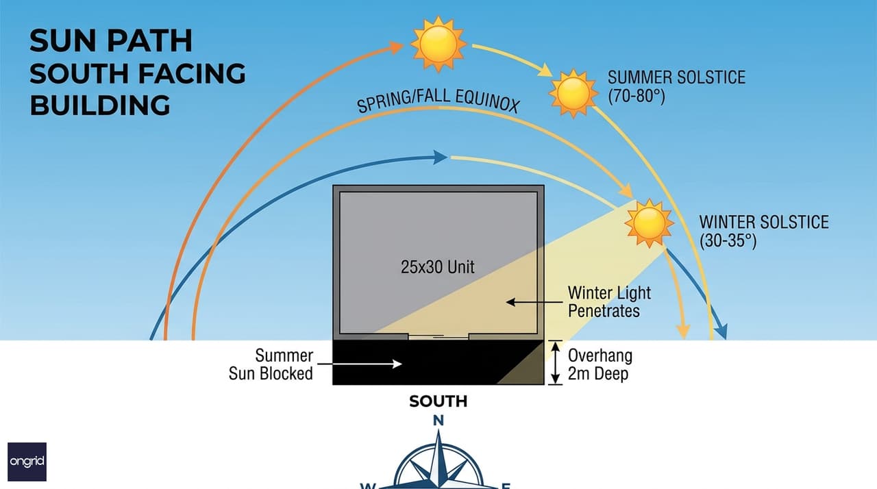 Sun path diagram showing solar angles for south-facing homes, with overhang blocking summer sun while allowing winter light penetration, labeled with seasonal arc lines and shading zones