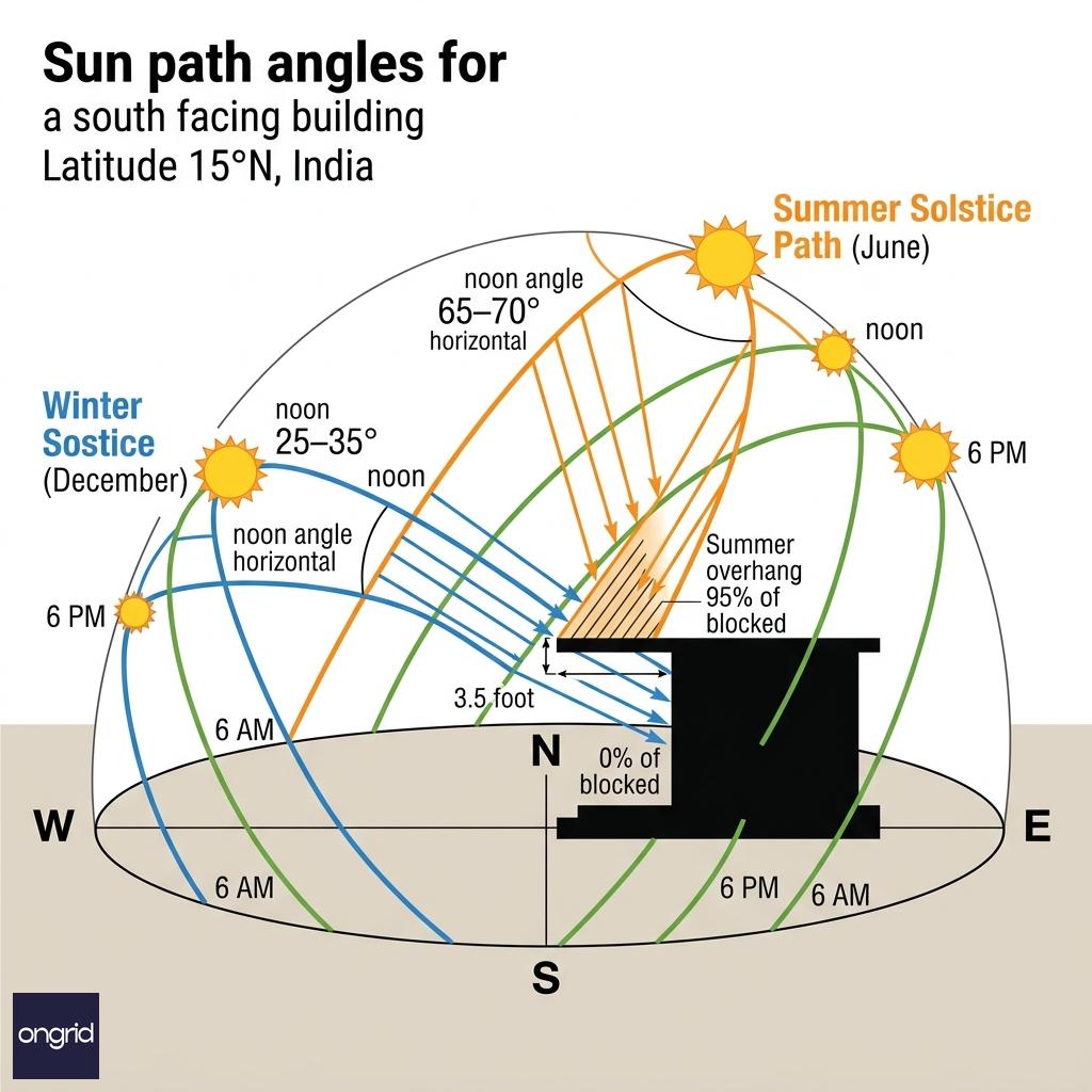 Diagram showing sun path angles for a south-facing orientation in India, highlighting summer and winter angles