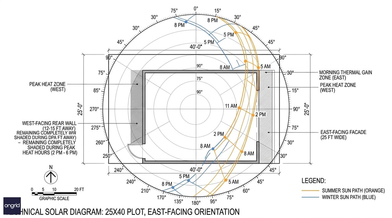 25x40 East-Facing Site Plan with Sun Path