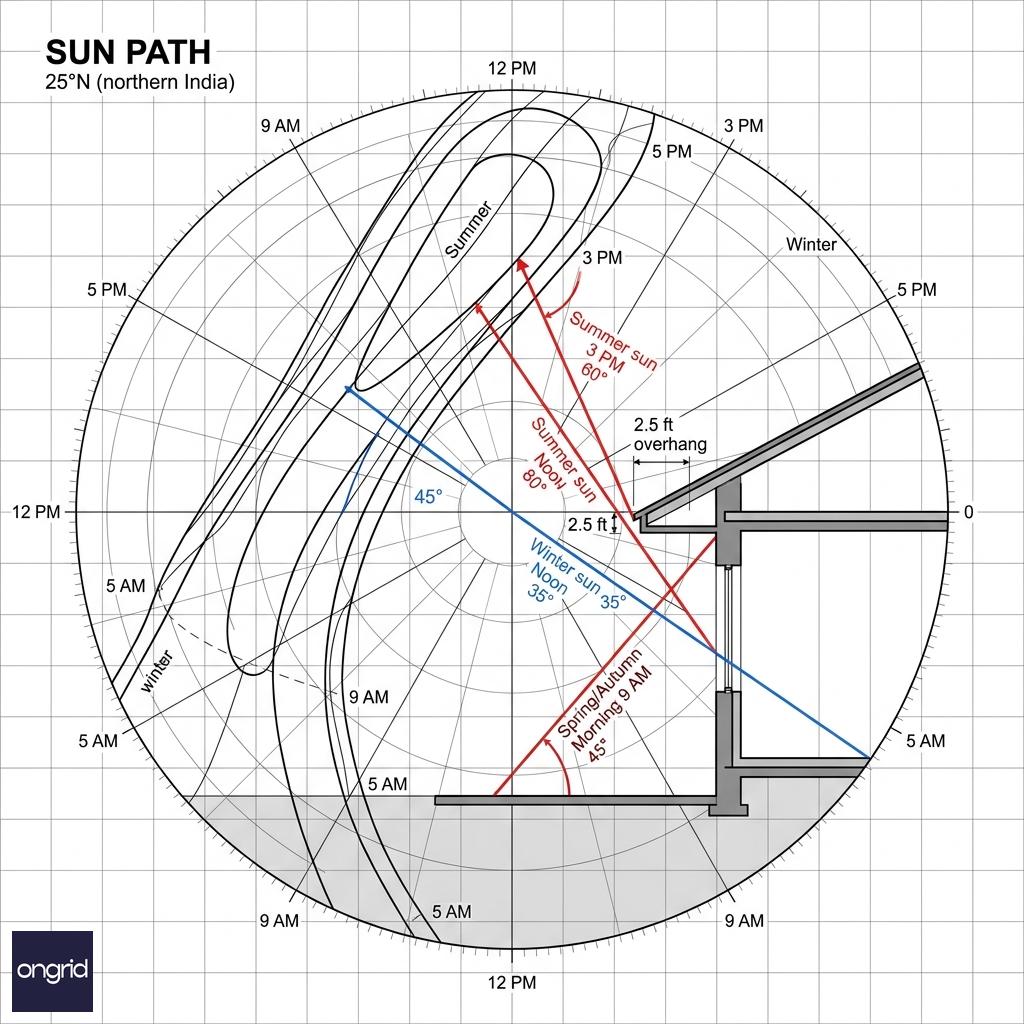 Sun path diagram showing summer vs. winter sun angles for 25°N latitude, with overhang depths marked for east facade