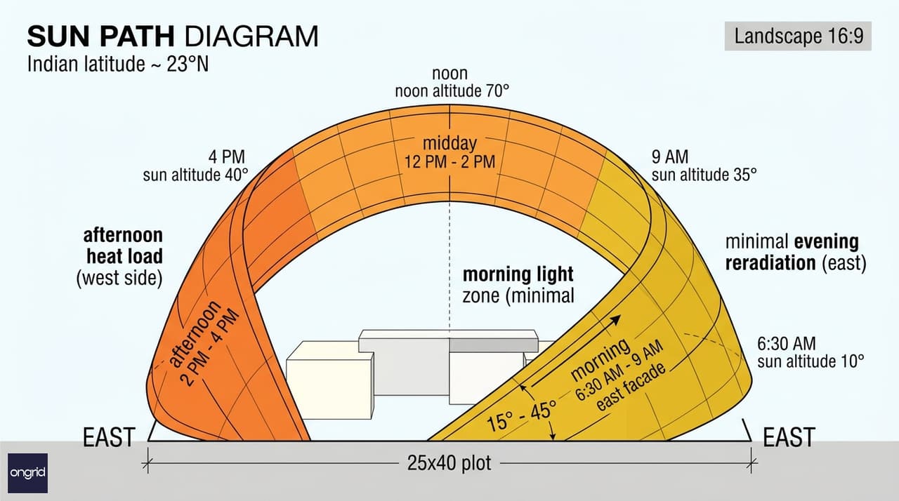 Sun path diagram illustrating morning golden light (6-8 AM) on east facade and minimal afternoon heat load on west side