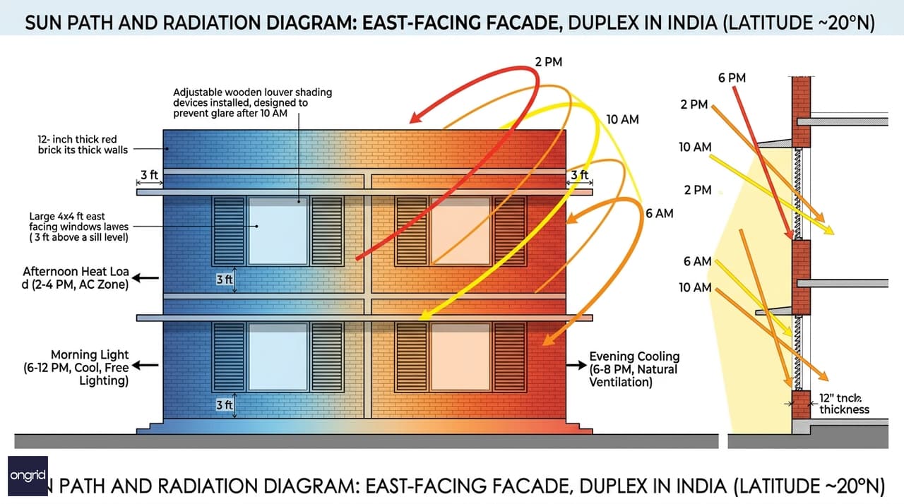Sun path diagram showing morning, afternoon, and evening solar radiation on east facade