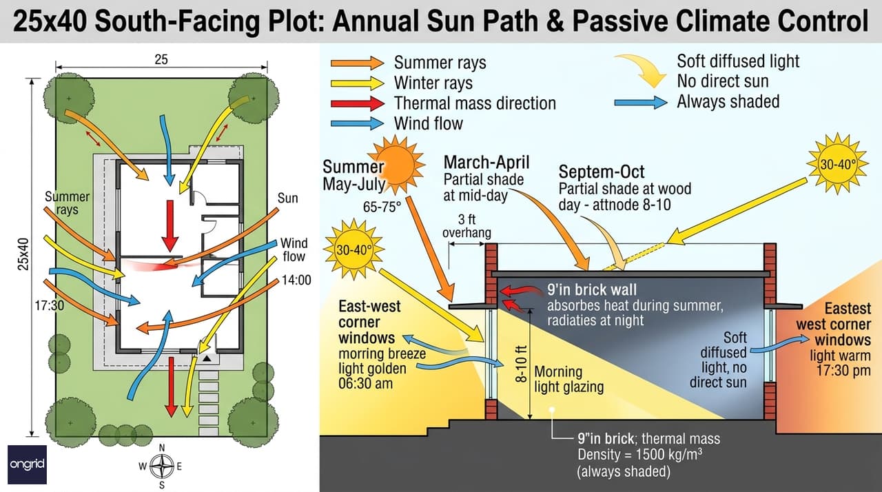 Sun-path diagram showing summer and winter solar angles for south-facing homes