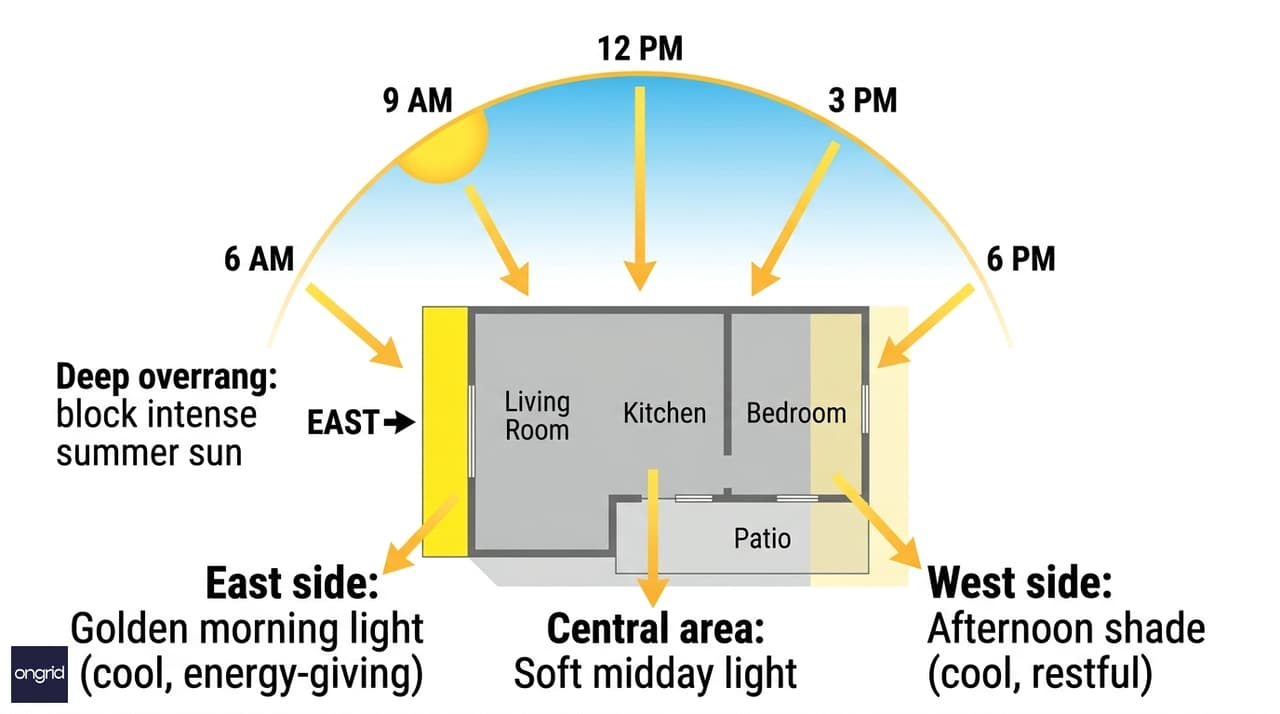 Sun path diagram showing natural light patterns for East-facing home throughout the day