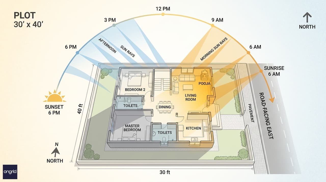 Solar path diagram for east-facing 30x40 plot showing morning light entry from 6 AM to noon, afternoon shade benefit