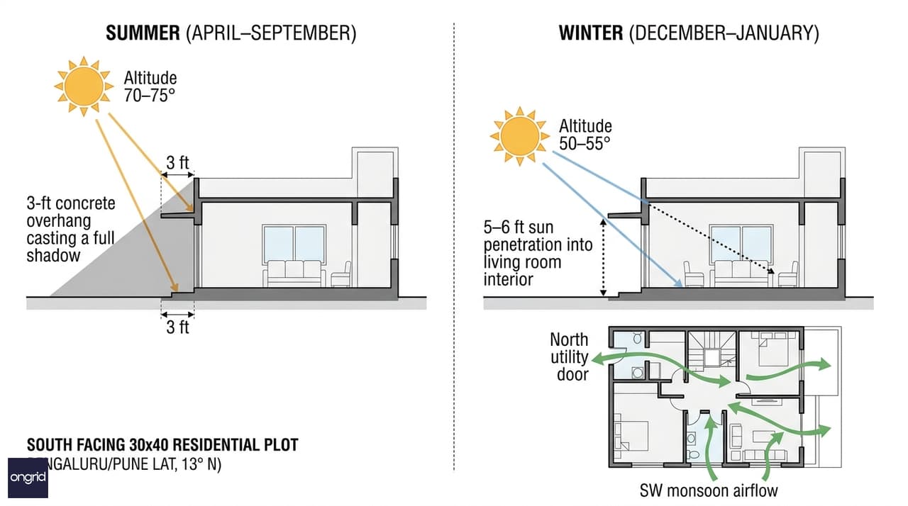 Sun path diagram for south-facing 30x40 plot showing summer and winter solar angles, 3-ft overhang shading zone, and SW monsoon cross-ventilation arrows