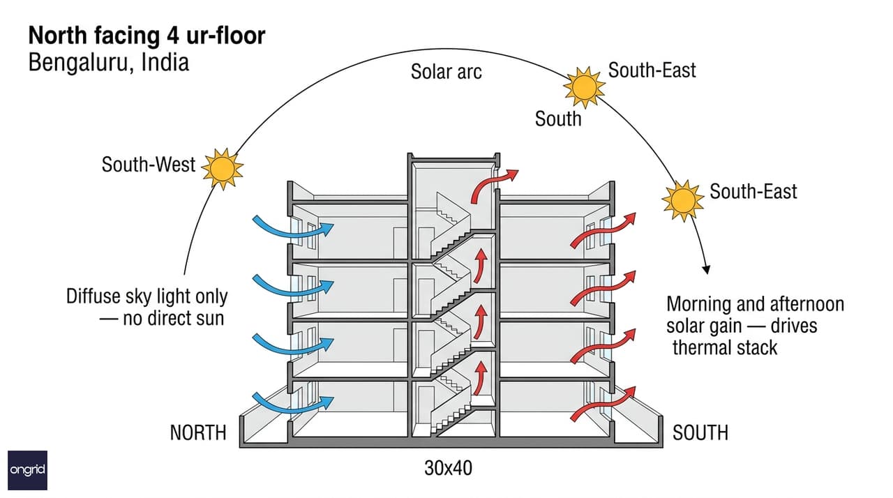 Bengaluru sun path diagram showing north sky diffuse light advantage for all four floors and south wall morning and afternoon sun driving cross-ventilation in a 30x40 north facing plot
