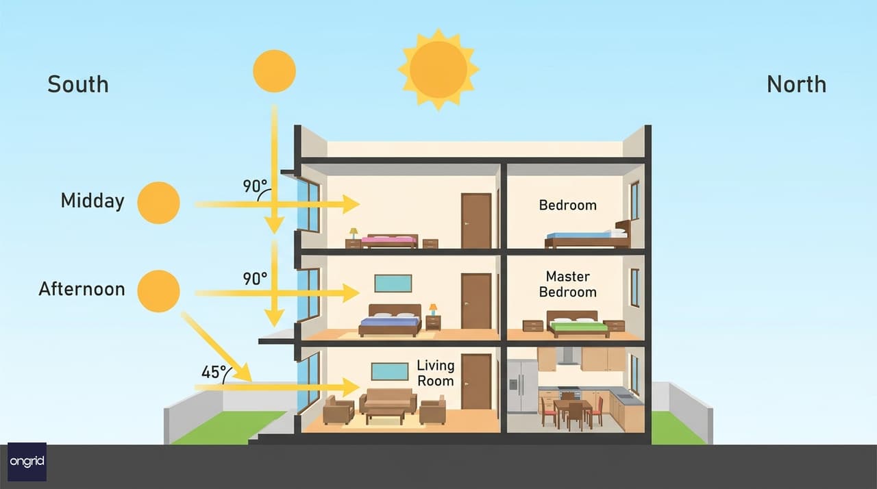 Sun-path diagram for a 30x40 south-facing plot showing afternoon light penetrating the living and dining areas on all three floors