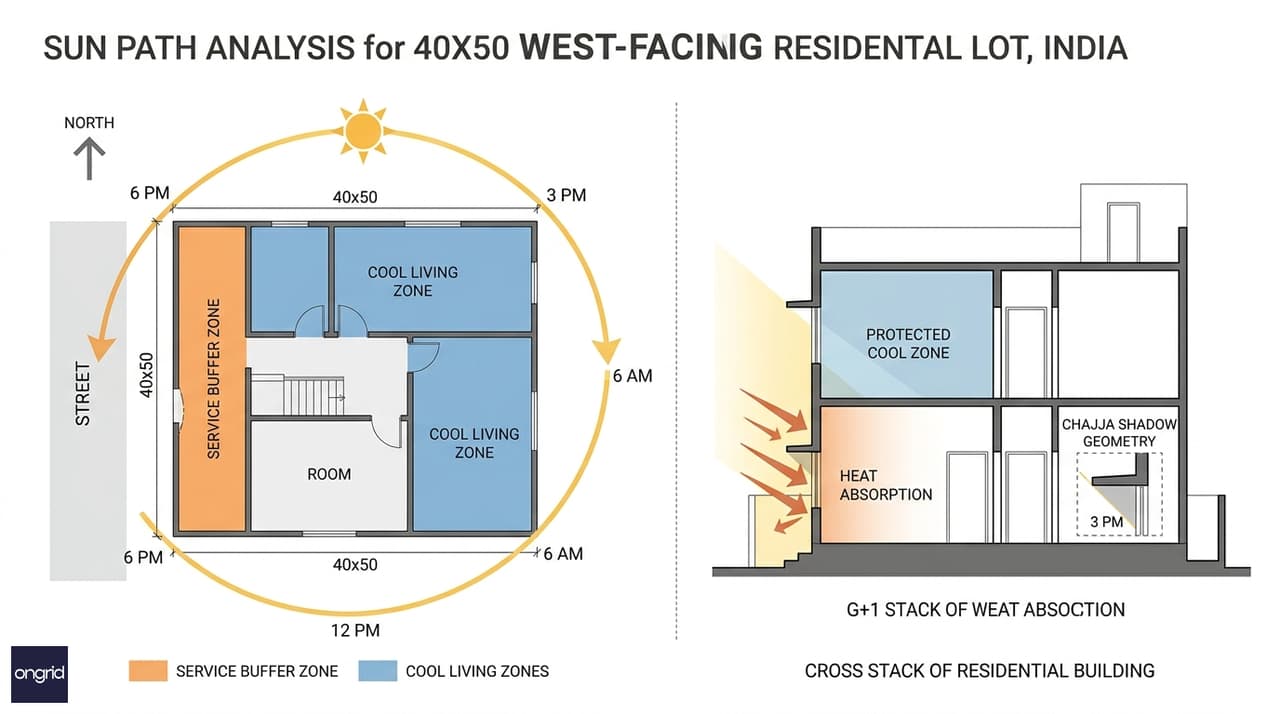 Sun movement arc over a 40x50 west-facing plot showing east morning light, overhead noon sun, afternoon west exposure, and room zone heat map across both floors