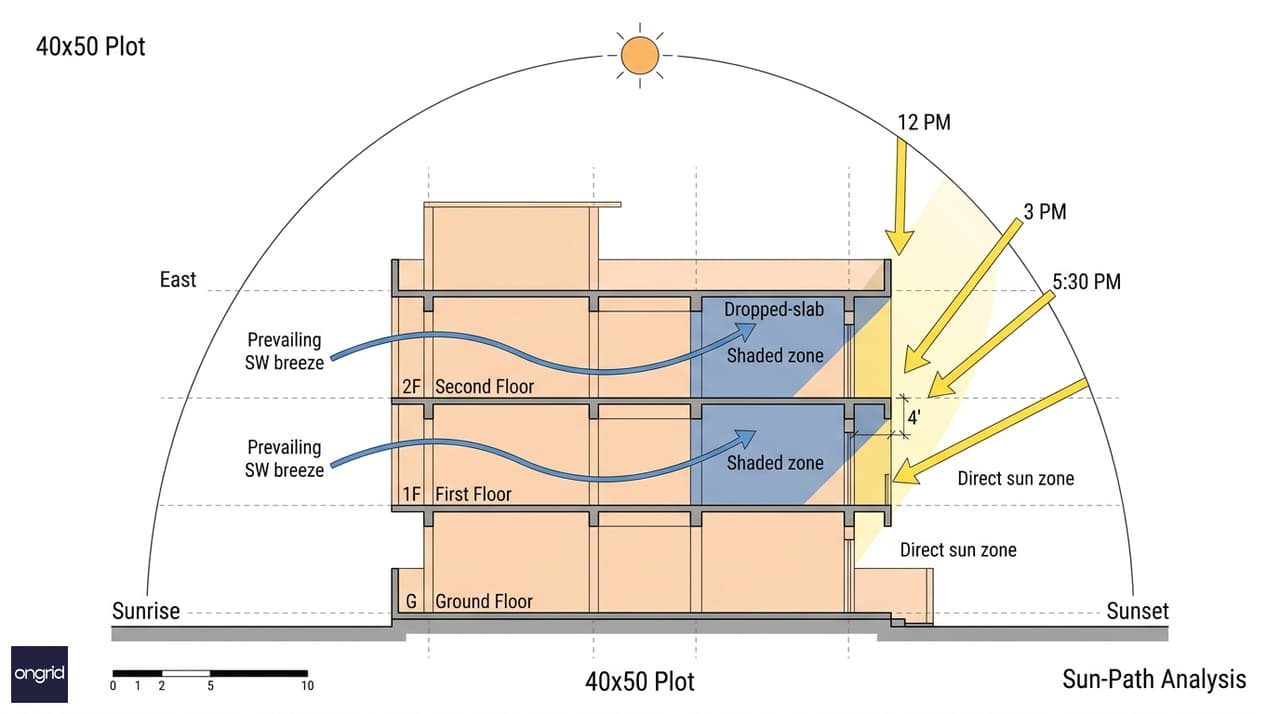 West-facing sun path diagram showing afternoon shadow angles, balcony overhang protection zones, and evening breeze direction for a 40x50 G+2 plot
