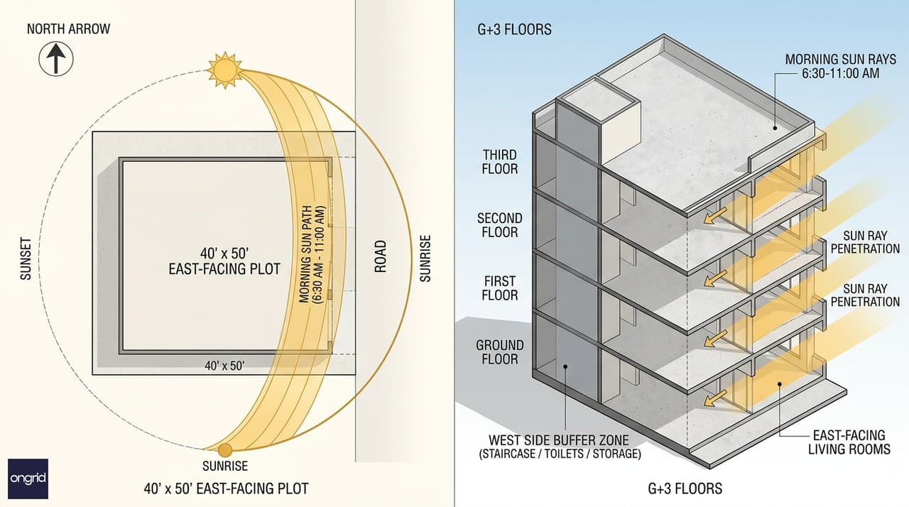 Sun path diagram for 40x50 east facing plot showing morning light angles and shadow patterns across all four floors