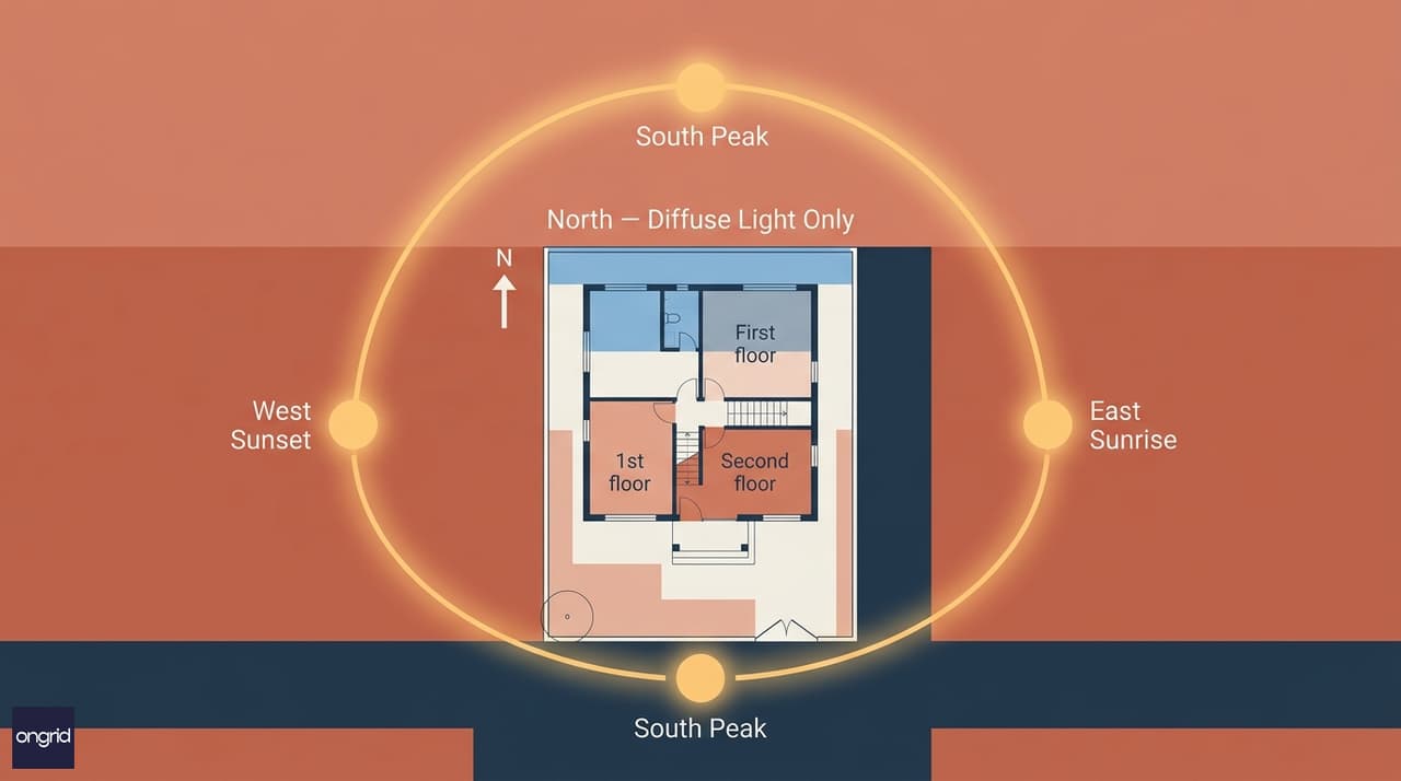 Sun path analysis for north-facing 40x50 plot showing diffuse north light year-round