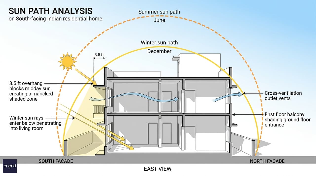 Sun path diagram for south-facing 40x50 G+1 home showing seasonal shadow lengths and cross-ventilation direction