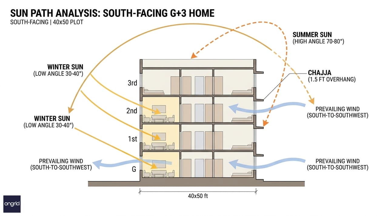 Sun path diagram for a south facing 40x50 house showing summer high-angle and winter low-angle solar positions with window and chajja placement strategy