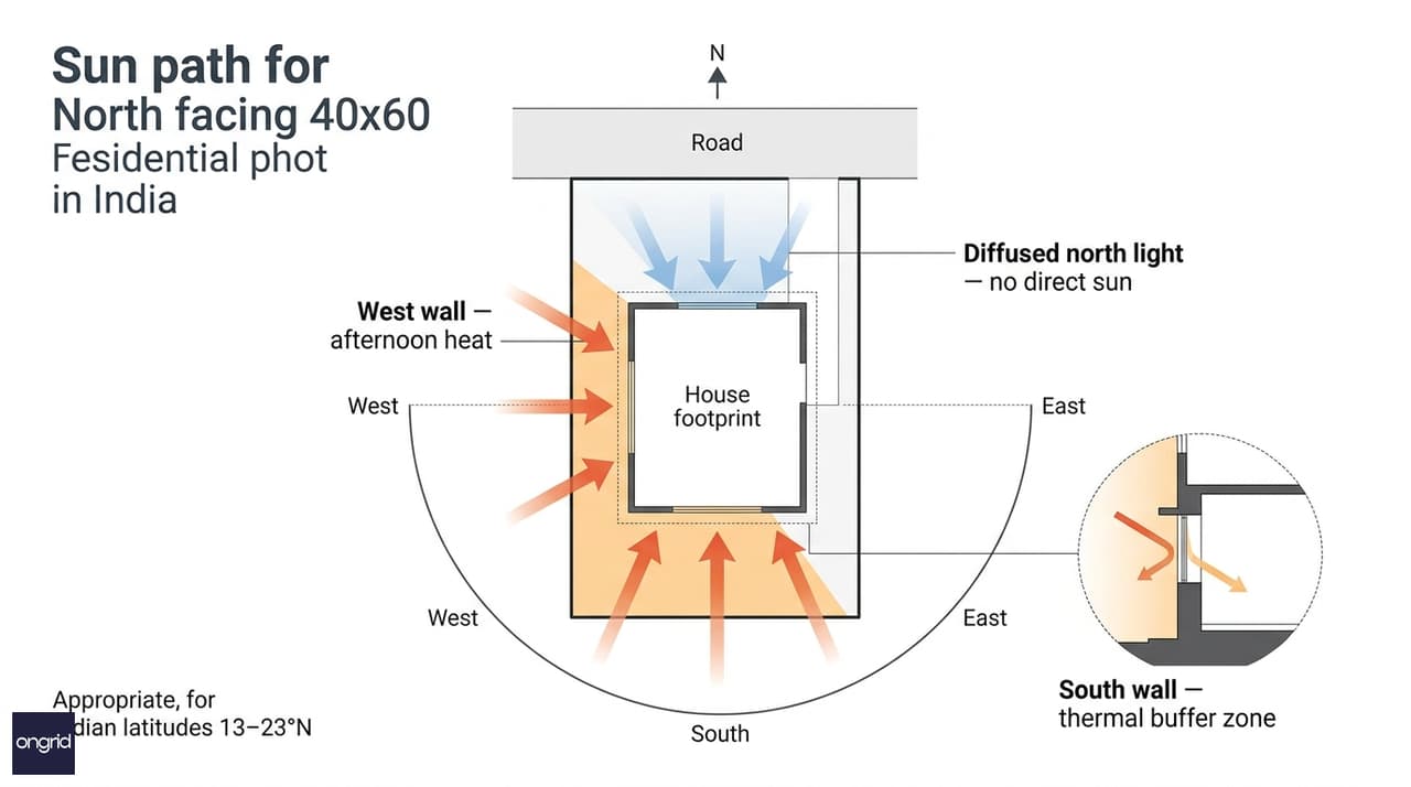 Sun path diagram for a north-facing 40x60 plot showing diffused northern light throughout the day and the solar radiation pattern on south and west walls