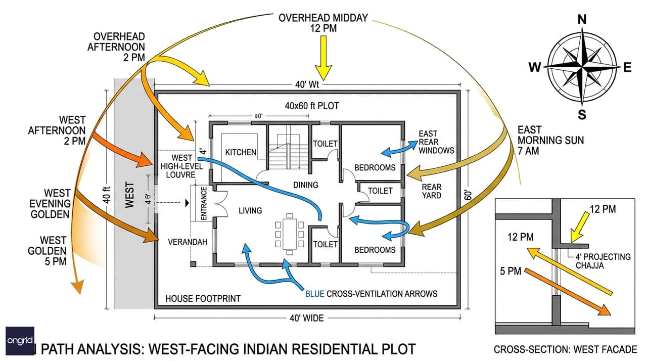 Sun path diagram for west-facing 40x60 plot showing morning, afternoon and evening solar angles with cross-ventilation arrows