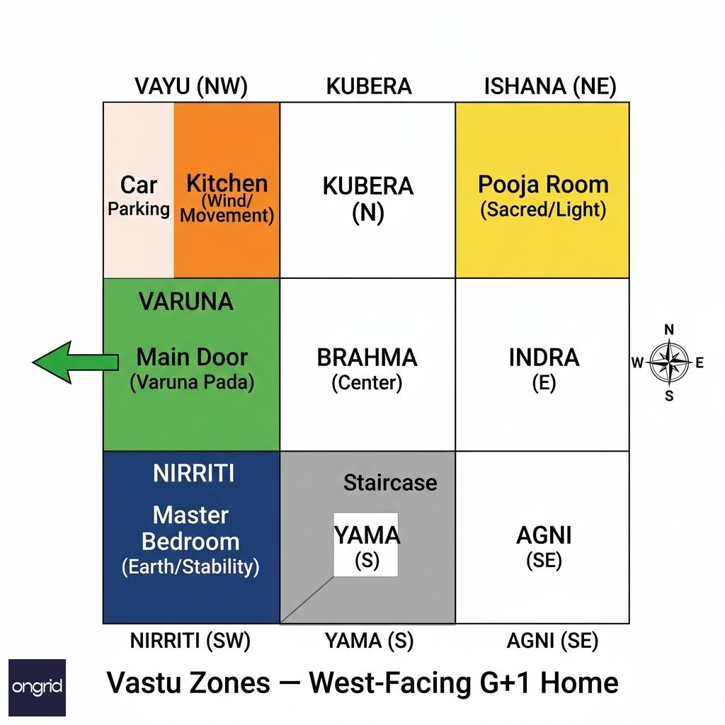 Vastu grid overlay for a west-facing 40x60 G+1 home showing zone-wise room placement on both floors