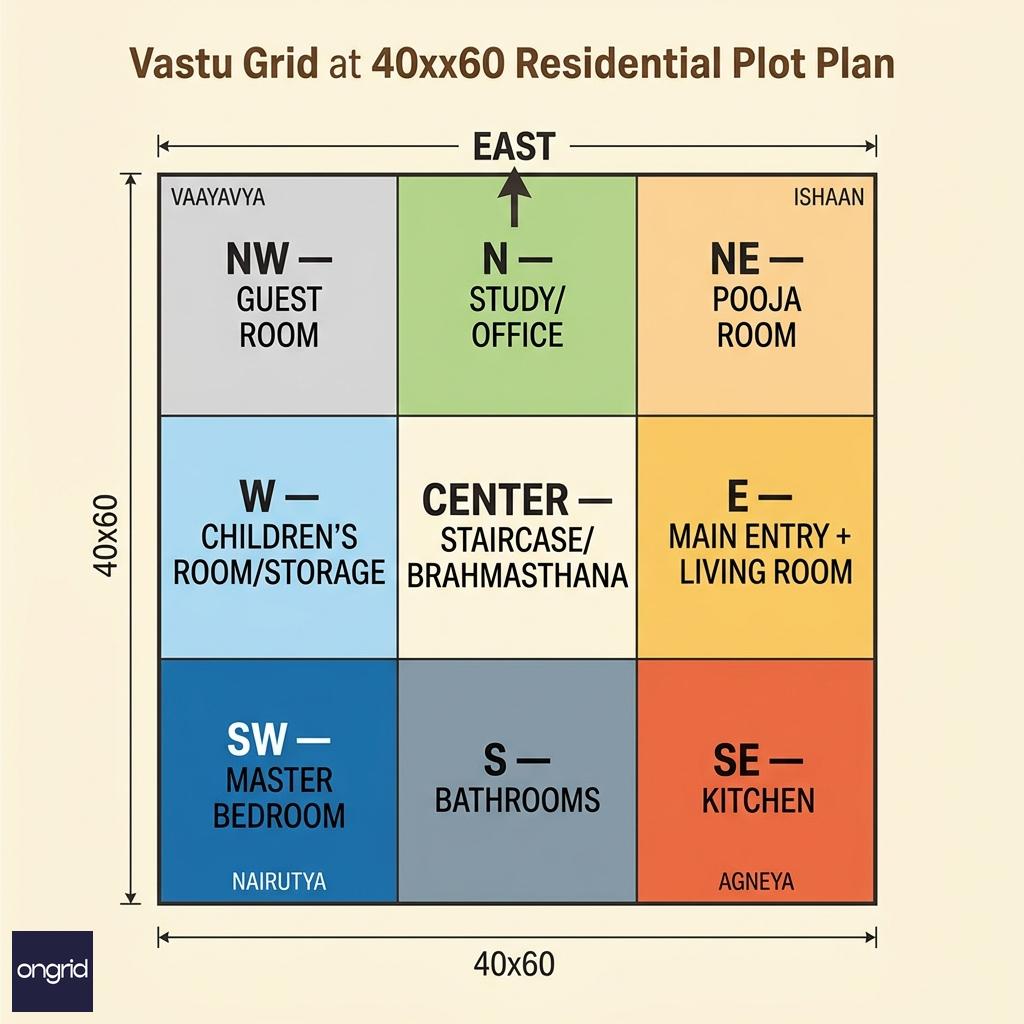 Vastu grid overlay on 40x60 east-facing plot showing the eight directional zones and correct room assignments