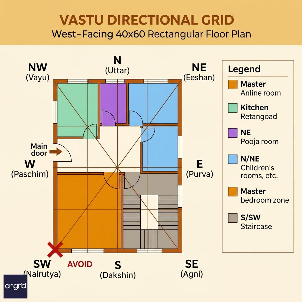 Vastu quadrant grid overlaid on a 40x60 west-facing floor plan with directional zones colour-coded and labelled
