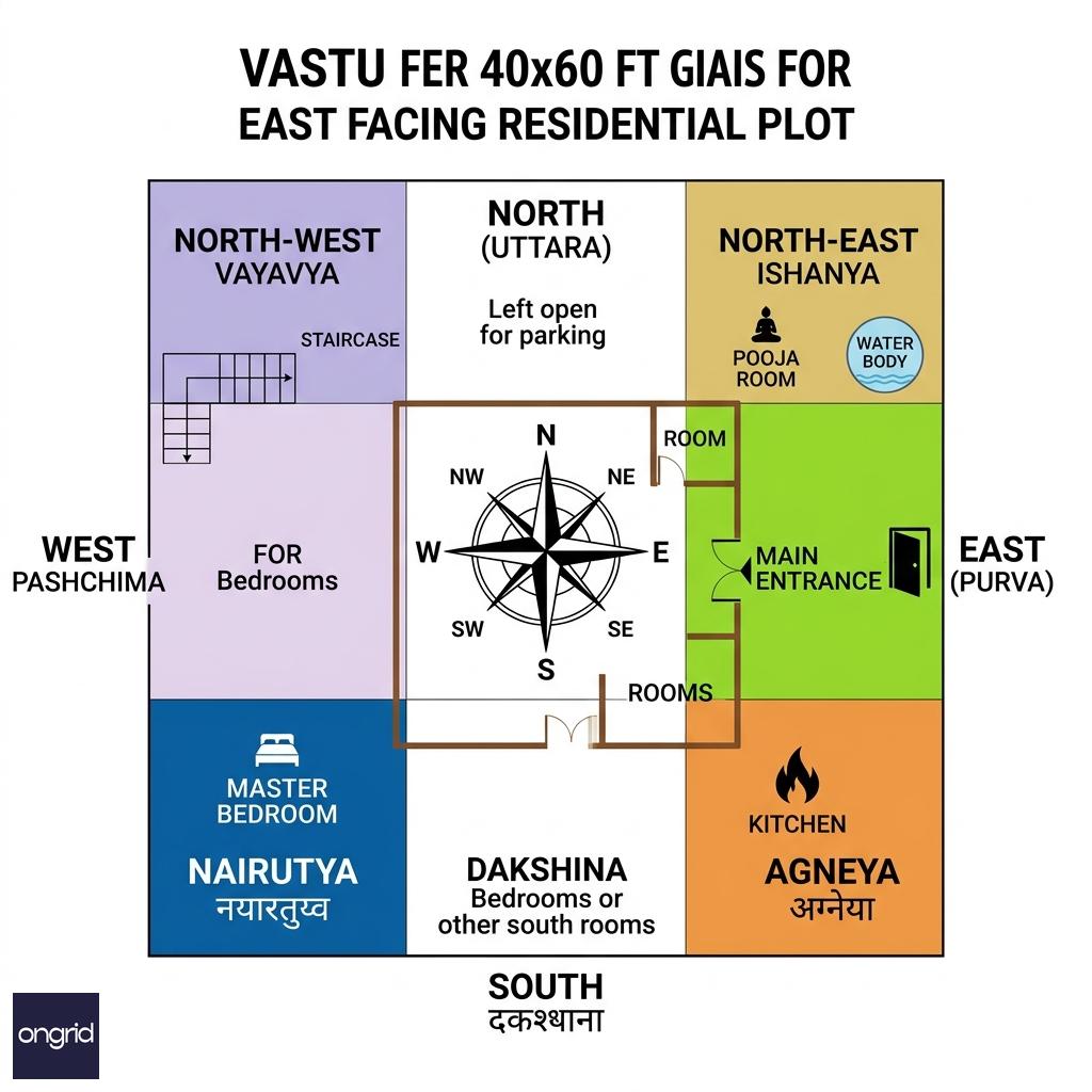 Vastu zone grid overlay on 40x60 east facing G+3 plot showing correct placements for entrance, kitchen, master bedroom, pooja room, and staircase across all four floors