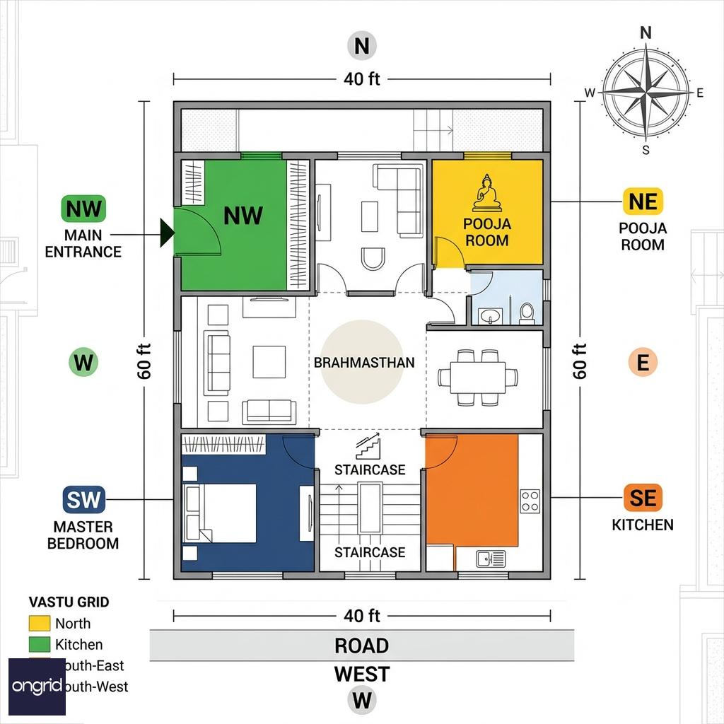 Vastu zone grid overlay for a 40x60 west-facing G+3 plot showing NW entrance, SE kitchen, SW master, and NE pooja positions