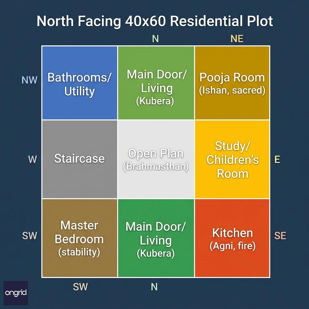 Vastu compliance grid for the 40x60 north facing plot — northeast pooja, southeast kitchen, southwest master bedrooms, northwest utility and bathrooms marked across the floor plan