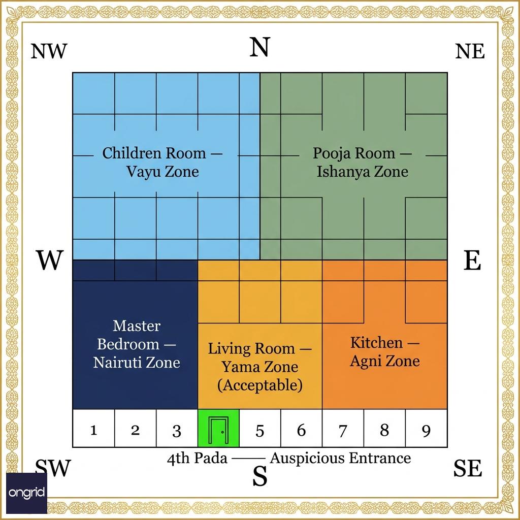 Vastu pada grid for 40x60 south-facing plot with colour-coded zones for kitchen southeast, master bedroom southwest, pooja northeast, and 4th pada south door position marked