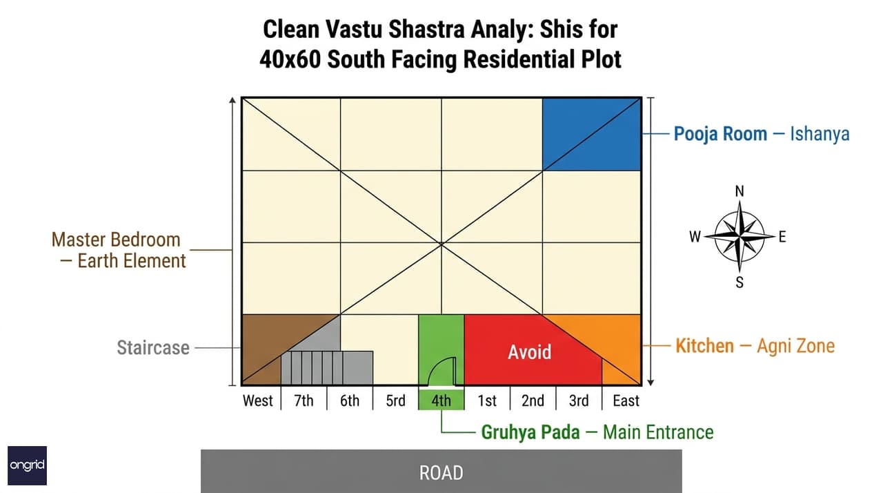 Vastu grid overlay on 40x60 south facing plot showing auspicious entrance pada and zone assignments per direction