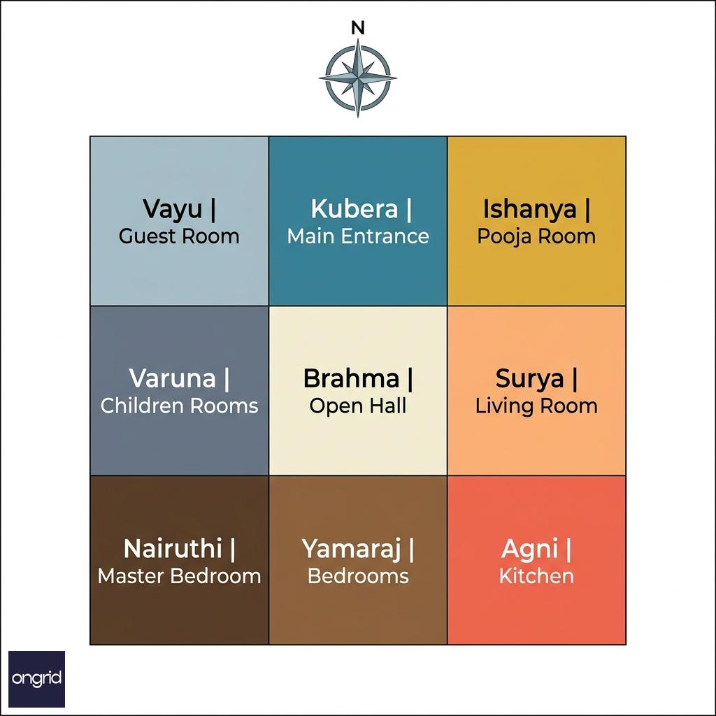 Vastu zone grid overlay for a north-facing 60x60 plot with room placement mapped to directional energies