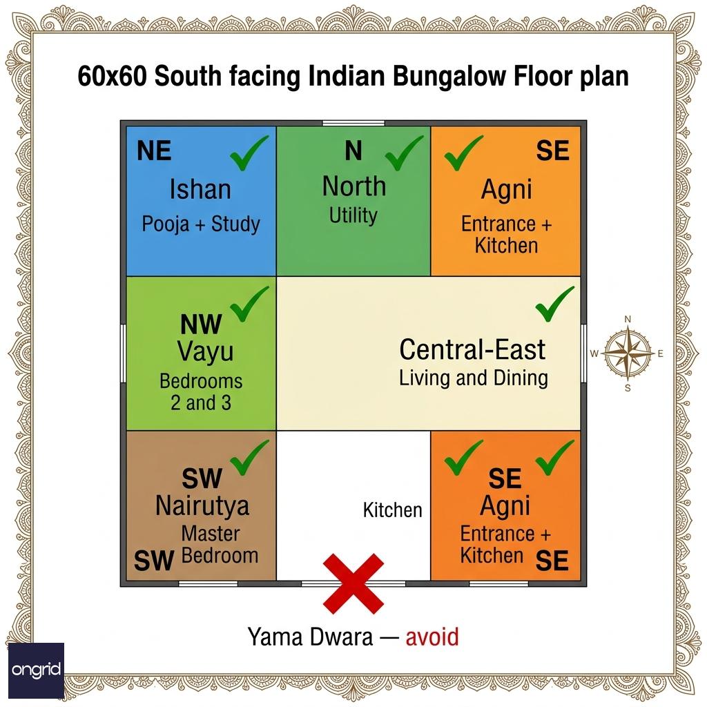 Vastu Purusha Mandala grid overlaid on 60x60 south-facing floor plan with zone labels, room placements, and compliance indicators highlighted