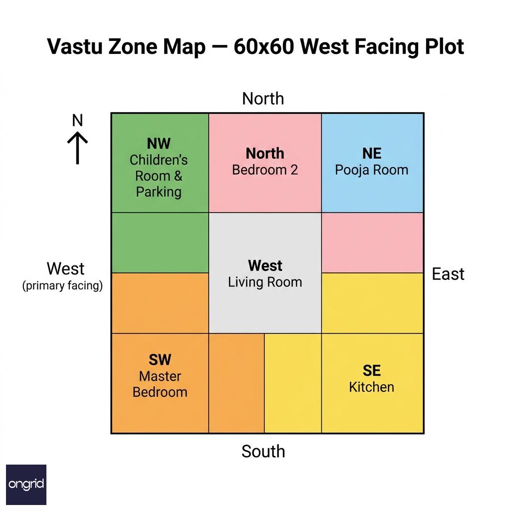 Vastu grid overlay on a 60x60 west-facing floor plan showing correct directional zones for each room type