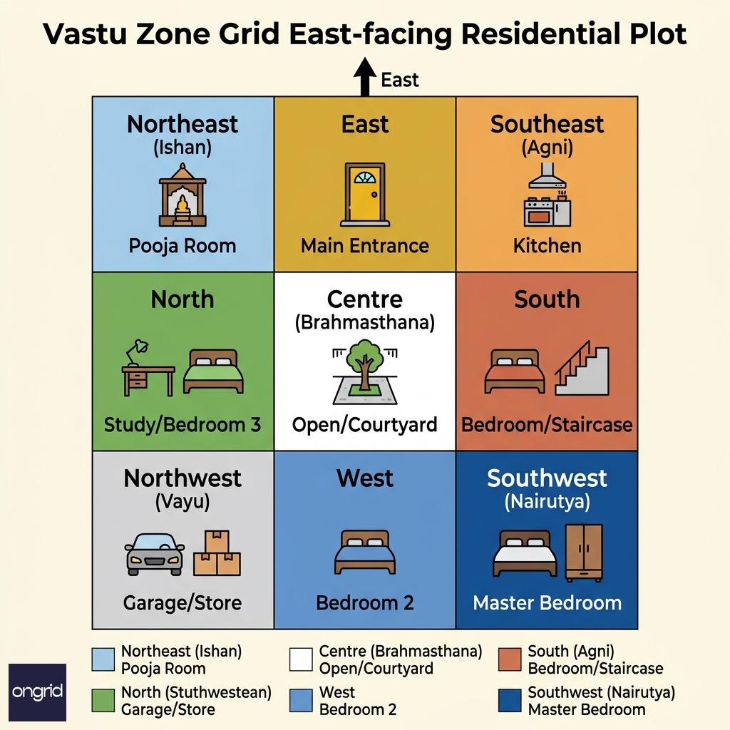 Vastu zone grid overlaid on a 60x60 east facing plot showing northeast pooja, southeast kitchen, southwest master bedroom, and east main door placement with colour-coded zones