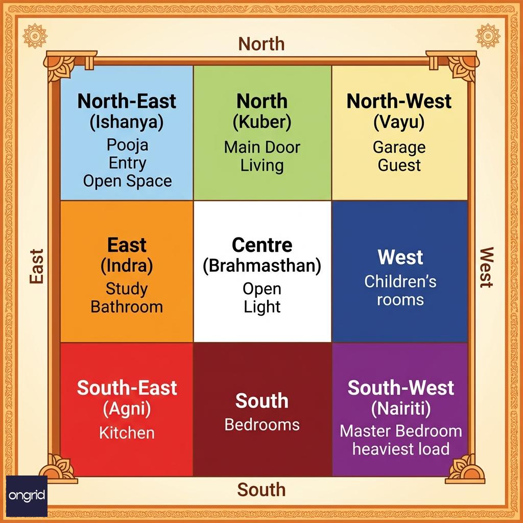 Vastu grid overlay on a 60x60 north-facing plot showing zone assignments for each room