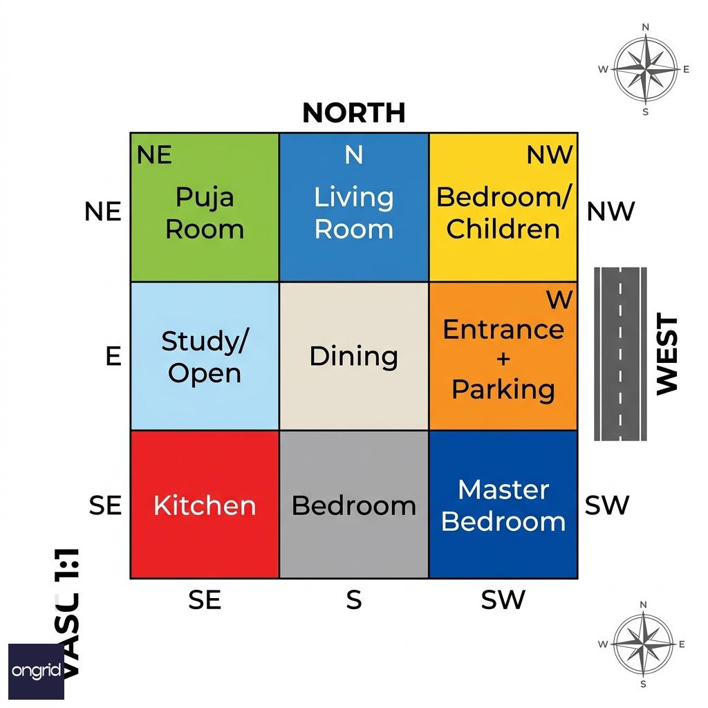 Vastu compliance grid for a 60x60 west-facing plot with direction-specific room placements colour-coded by zone type